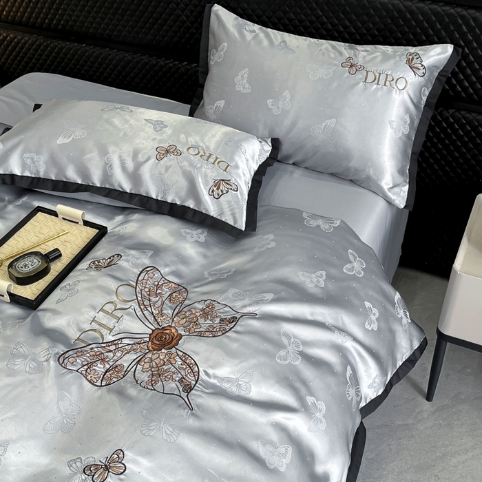 91家纺网 家纺一手货源 找家纺 金牛座家纺 2026新款贡缎亮丝提花刺绣四件套-蝶韵 蝶韵-浅灰