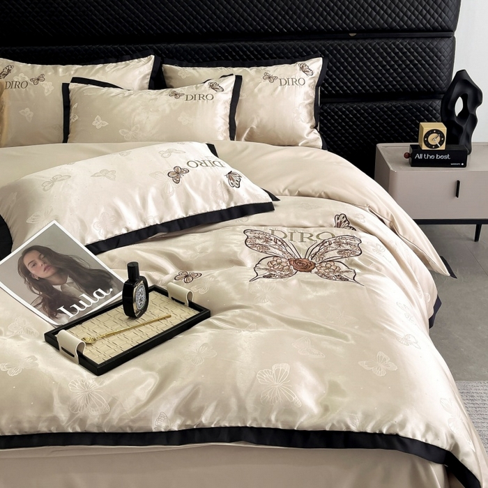 91家纺网 家纺一手货源 找家纺 金牛座家纺 2026新款贡缎亮丝提花刺绣四件套-蝶韵 蝶韵-香槟