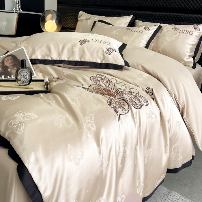 91家纺网 家纺一手货源 找家纺 金牛座家纺 2026新款贡缎亮丝提花刺绣四件套-蝶韵 蝶韵-香槟