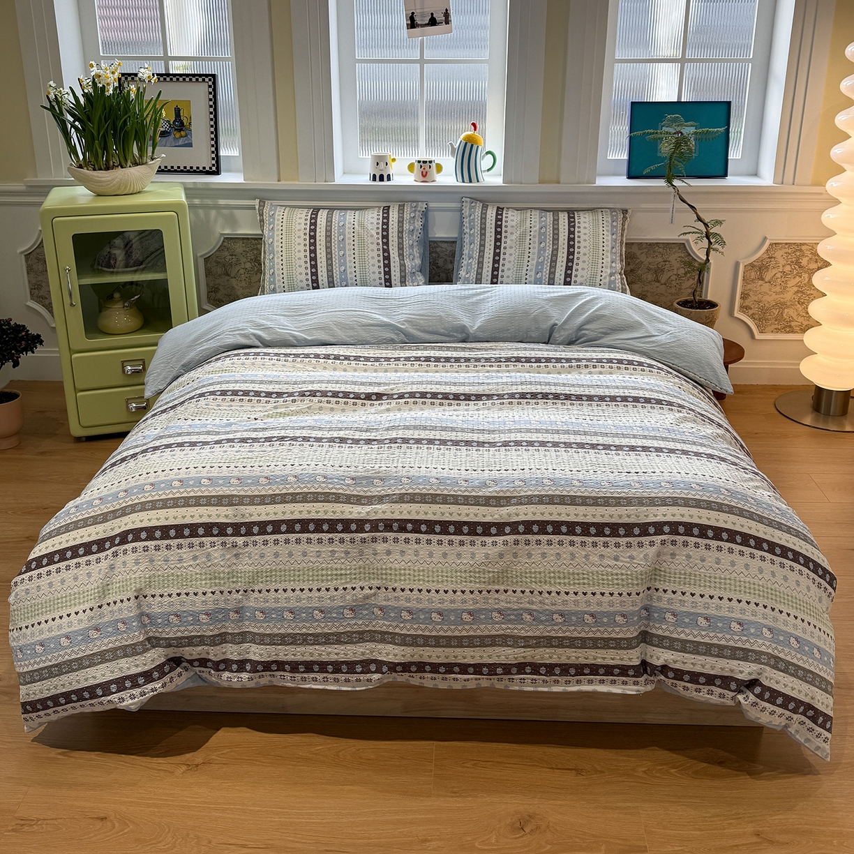 91家纺网 家纺一手货源 找家纺 盼季家纺 2026新款简单款105g泡芙棉印花四件套-费尔岛 费尔岛系列-喵喵