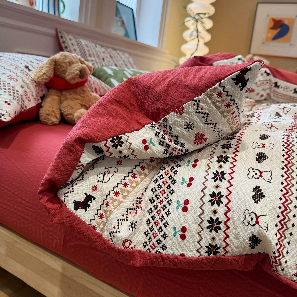 盼季家纺 2026新款简单款105g泡芙棉印花四件套-费尔岛 费尔岛系列-酱子狗