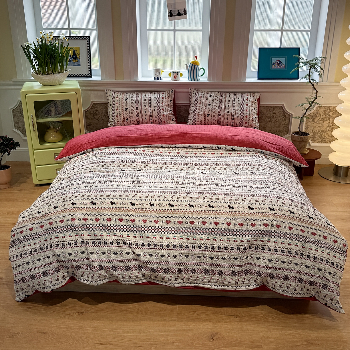 91家纺网 家纺一手货源 找家纺 盼季家纺 2026新款简单款105g泡芙棉印花四件套-费尔岛 费尔岛系列-酱子狗