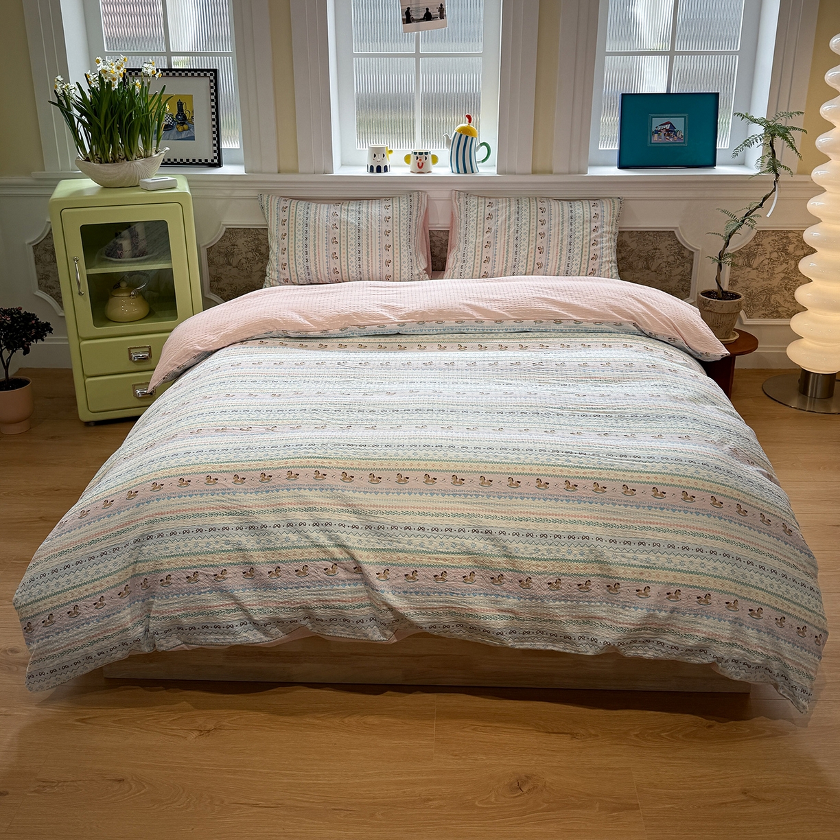 91家纺网 家纺一手货源 找家纺 盼季家纺 2026新款简单款105g泡芙棉印花四件套-费尔岛 费尔岛系列-马里奥粉