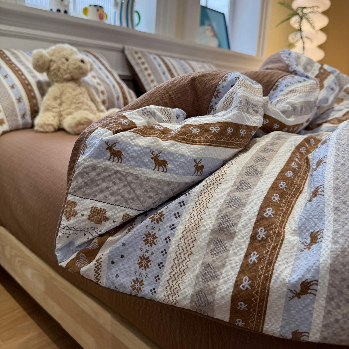 盼季家纺 2026新款简单款105g泡芙棉印花四件套-费尔岛 费尔岛系列-晴空小狗