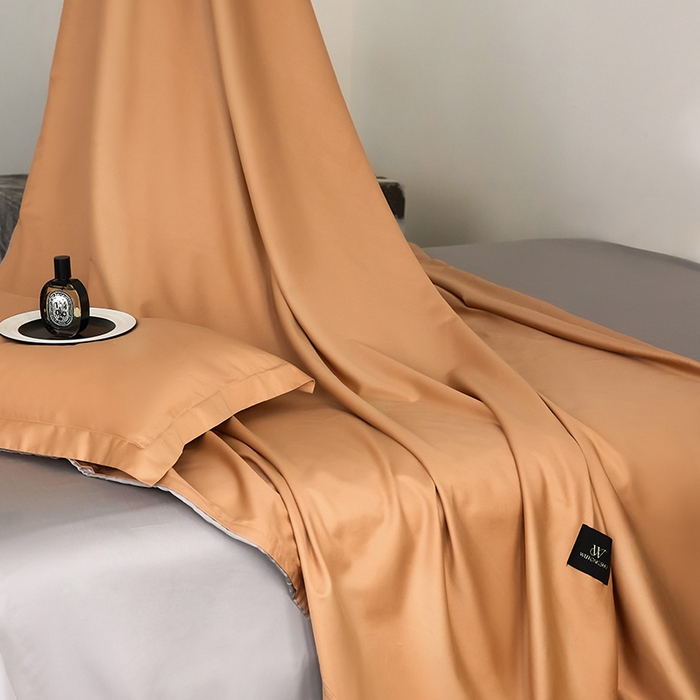 91家纺网 家纺一手货源 找家纺 梧桐树 2026新款60S纯色全棉纯棉长绒棉系列四件套 60S纯色长绒棉-落日桔+银灰