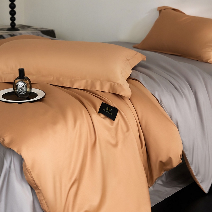 91家纺网 家纺一手货源 找家纺 梧桐树 2026新款60S纯色全棉纯棉长绒棉系列四件套 60S纯色长绒棉-落日桔+银灰