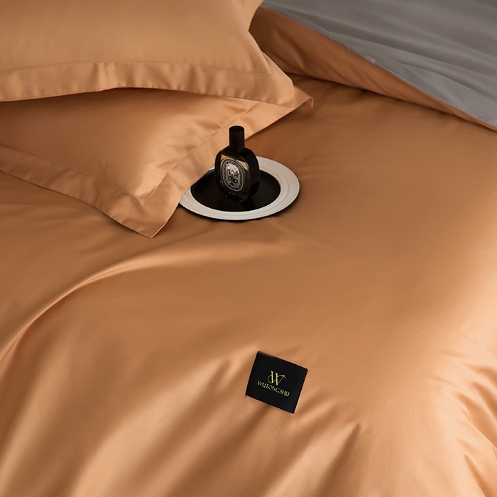 91家纺网 家纺一手货源 找家纺 梧桐树 2026新款60S纯色全棉纯棉长绒棉系列四件套 60S纯色长绒棉-落日桔+银灰