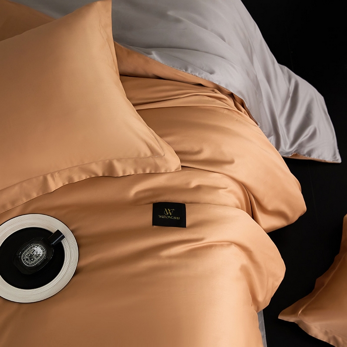 91家纺网 家纺一手货源 找家纺 梧桐树 2026新款60S纯色全棉纯棉长绒棉系列四件套 60S纯色长绒棉-落日桔+银灰