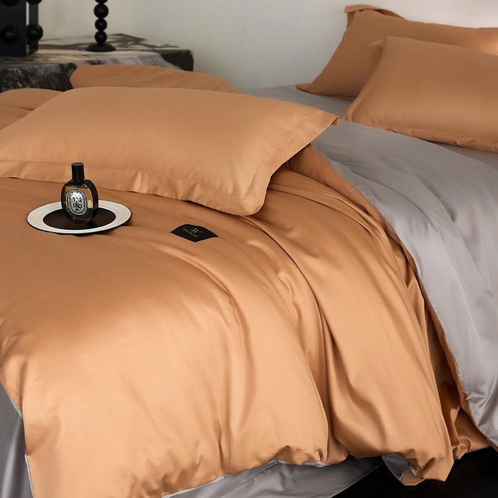 91家纺网 家纺一手货源 找家纺 梧桐树 2026新款60S纯色全棉纯棉长绒棉系列四件套 60S纯色长绒棉-落日桔+银灰