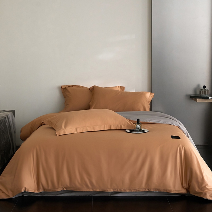 91家纺网 家纺一手货源 找家纺 梧桐树 2026新款60S纯色全棉纯棉长绒棉系列四件套 60S纯色长绒棉-落日桔+银灰