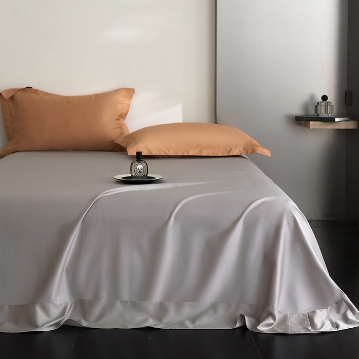 91家纺网 家纺一手货源 找家纺 梧桐树 2026新款60S纯色全棉纯棉长绒棉系列四件套 60S纯色长绒棉-落日桔+银灰