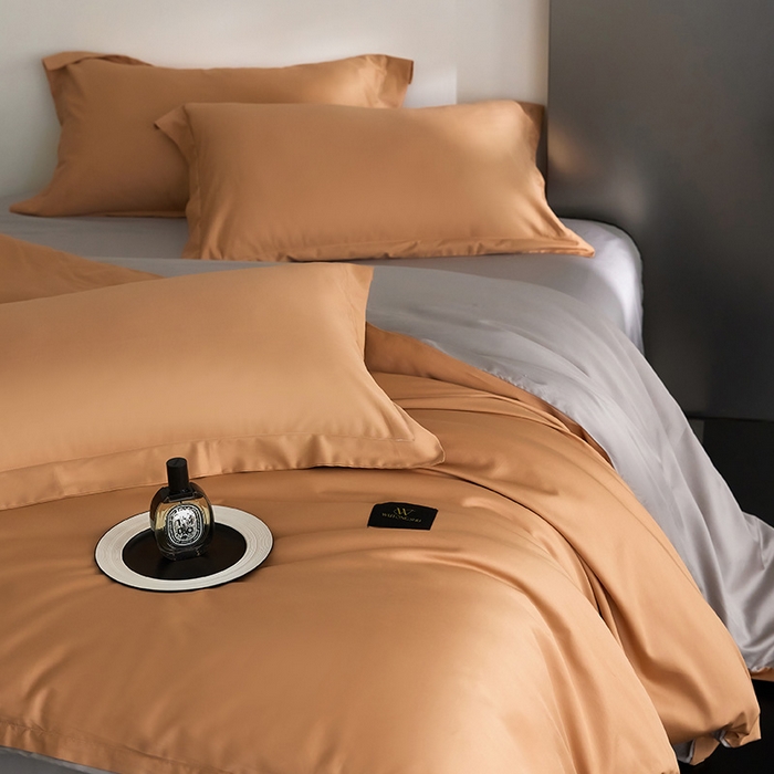 91家纺网 家纺一手货源 找家纺 梧桐树 2026新款60S纯色全棉纯棉长绒棉系列四件套 60S纯色长绒棉-落日桔+银灰