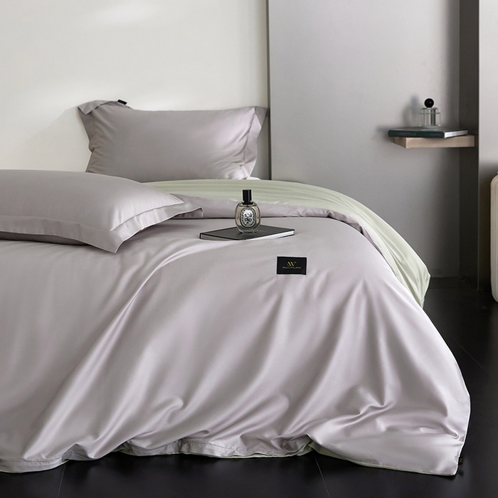 91家纺网 家纺一手货源 找家纺 梧桐树 2026新款60S纯色全棉纯棉长绒棉系列四件套 60S纯色长绒棉-银灰+绿