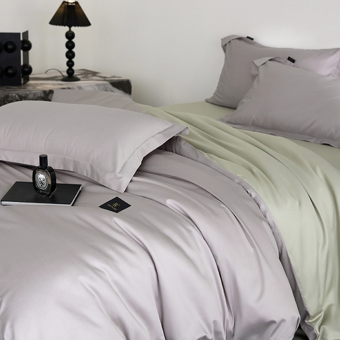 91家纺网 家纺一手货源 找家纺 梧桐树 2026新款60S纯色全棉纯棉长绒棉系列四件套 60S纯色长绒棉-银灰+绿