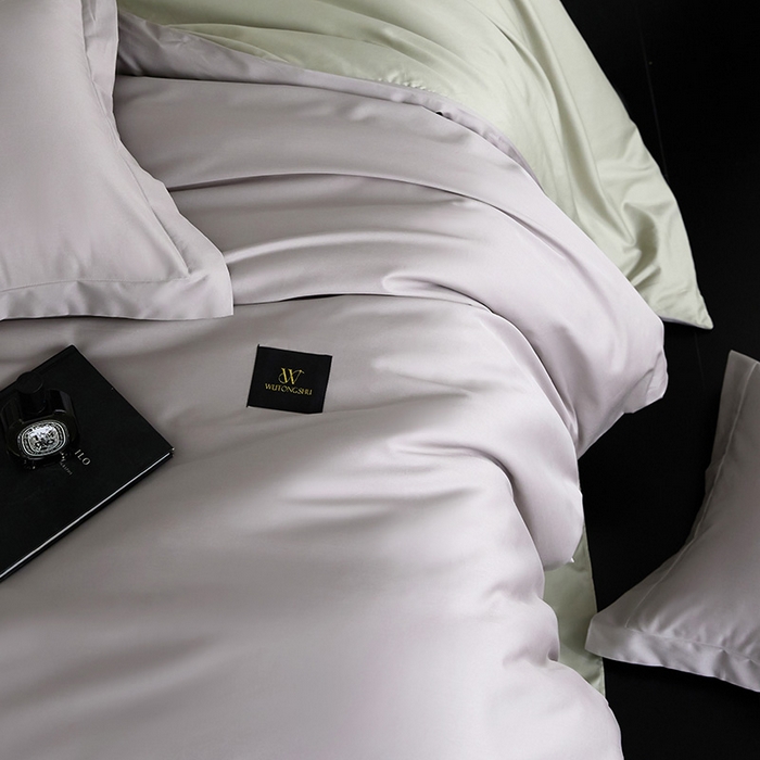 91家纺网 家纺一手货源 找家纺 梧桐树 2026新款60S纯色全棉纯棉长绒棉系列四件套 60S纯色长绒棉-银灰+绿