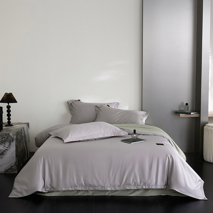 91家纺网 家纺一手货源 找家纺 梧桐树 2026新款60S纯色全棉纯棉长绒棉系列四件套 60S纯色长绒棉-银灰+绿