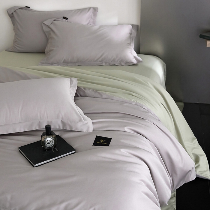 91家纺网 家纺一手货源 找家纺 梧桐树 2026新款60S纯色全棉纯棉长绒棉系列四件套 60S纯色长绒棉-银灰+绿