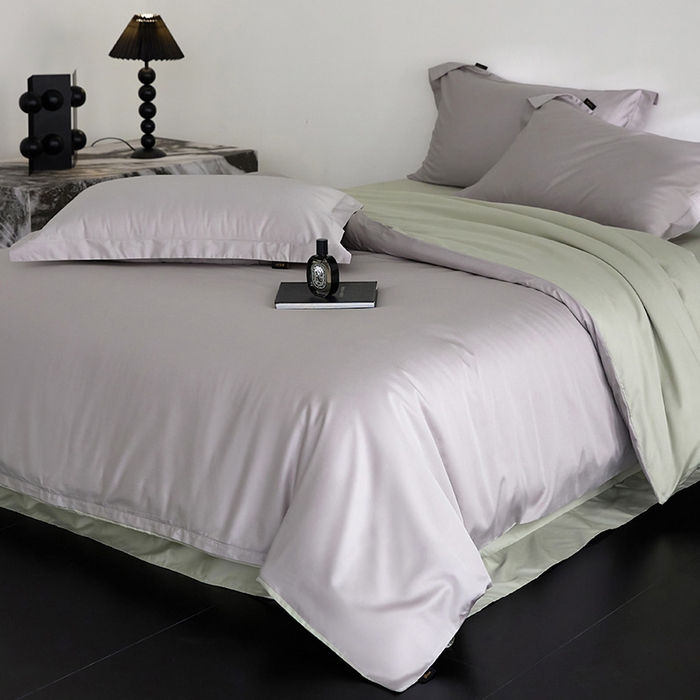 91家纺网 家纺一手货源 找家纺 梧桐树 2026新款60S纯色全棉纯棉长绒棉系列四件套 60S纯色长绒棉-银灰+绿