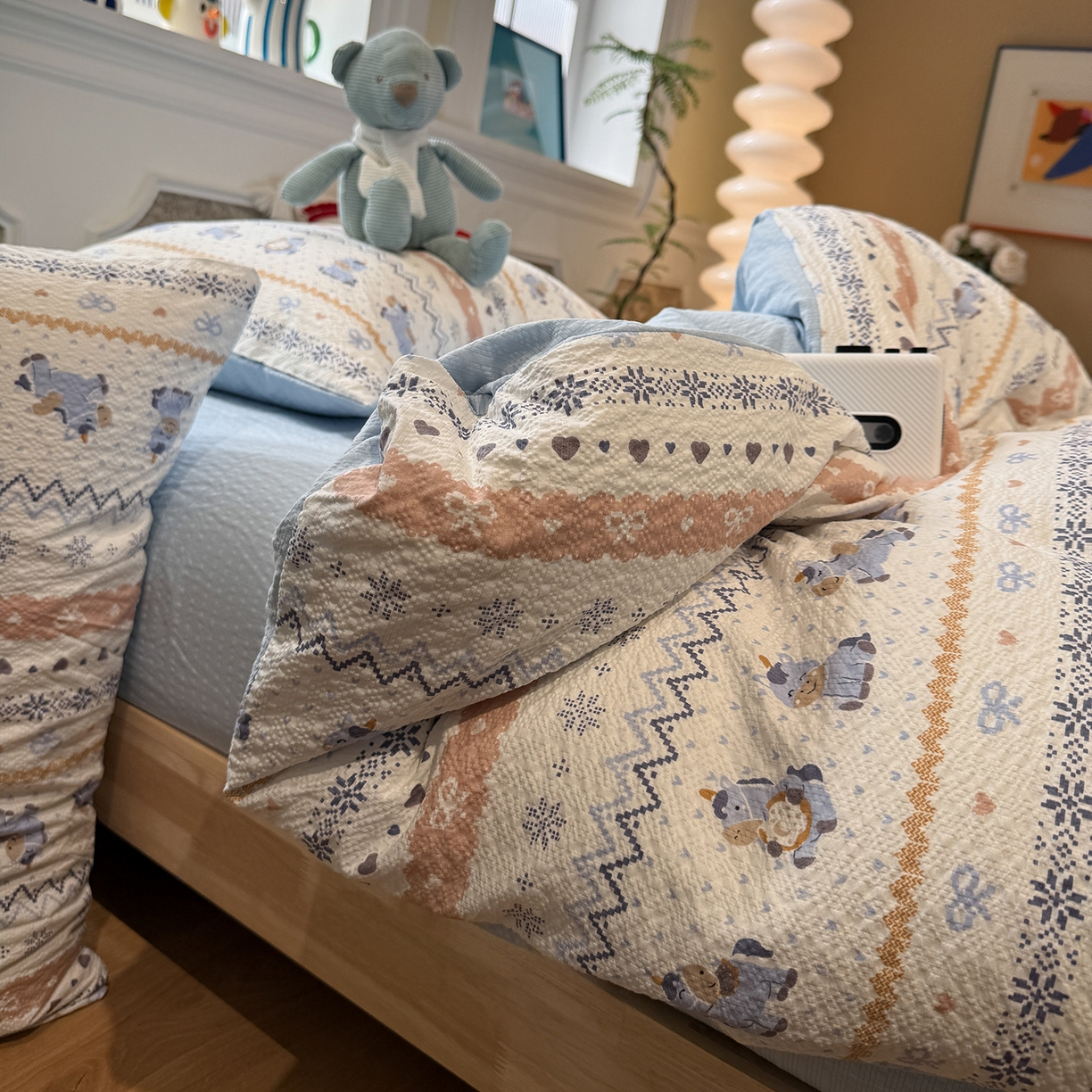 盼季家纺 2026新款简单款105g泡芙棉印花四件套-费尔岛 费尔岛系列-马里奥