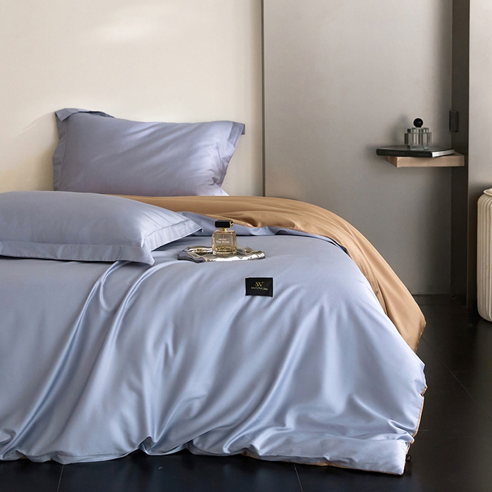 91家纺网 家纺一手货源 找家纺 梧桐树 2026新款60S纯色全棉纯棉长绒棉系列四件套 60S纯色长绒棉-宾利蓝+香槟金