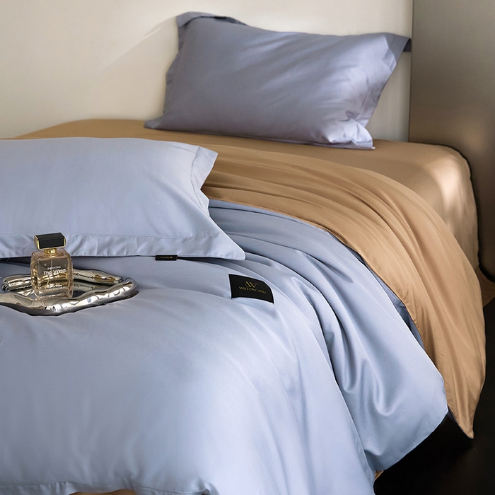 91家纺网 家纺一手货源 找家纺 梧桐树 2026新款60S纯色全棉纯棉长绒棉系列四件套 60S纯色长绒棉-宾利蓝+香槟金