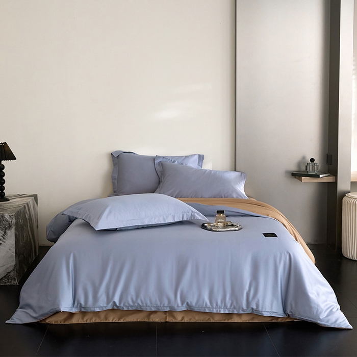 91家纺网 家纺一手货源 找家纺 梧桐树 2026新款60S纯色全棉纯棉长绒棉系列四件套 60S纯色长绒棉-宾利蓝+香槟金