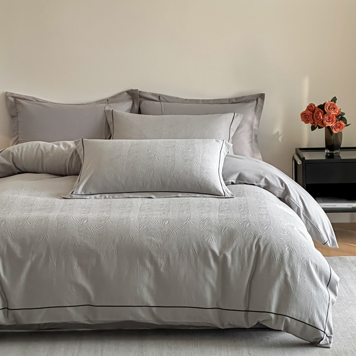 91家纺网 家纺一手货源 找家纺 首尔家纺 2026新款浮雕提花色织全棉四件套 斑马纹-高级灰