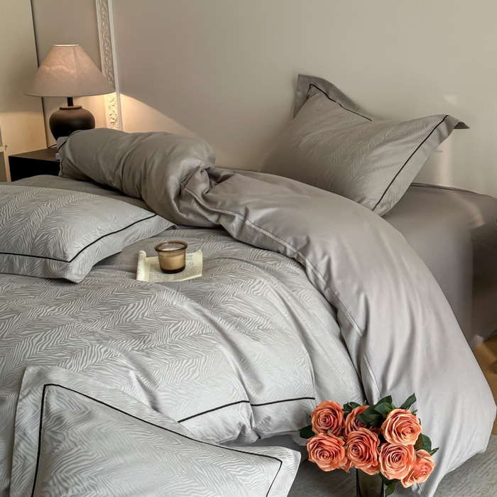 91家纺网 家纺一手货源 找家纺 首尔家纺 2026新款浮雕提花色织全棉四件套 斑马纹-高级灰