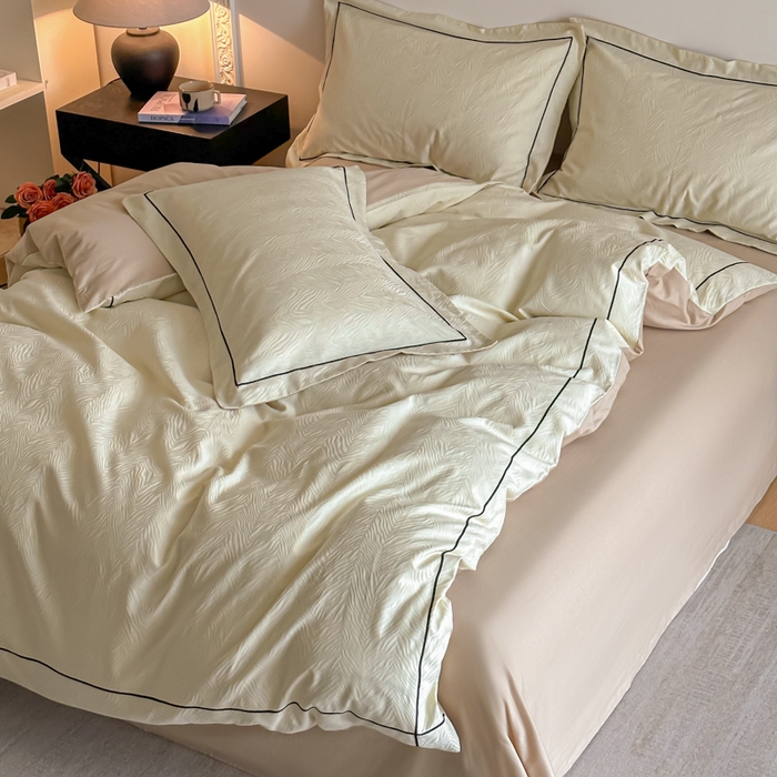 91家纺网 家纺一手货源 找家纺 首尔家纺 2026新款浮雕提花色织全棉四件套 斑马纹-米白拼咖