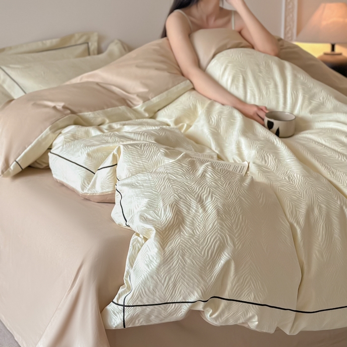 91家纺网 家纺一手货源 找家纺 首尔家纺 2026新款浮雕提花色织全棉四件套 斑马纹-米白拼咖