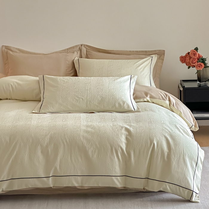 91家纺网 家纺一手货源 找家纺 首尔家纺 2026新款浮雕提花色织全棉四件套 斑马纹-米白拼咖