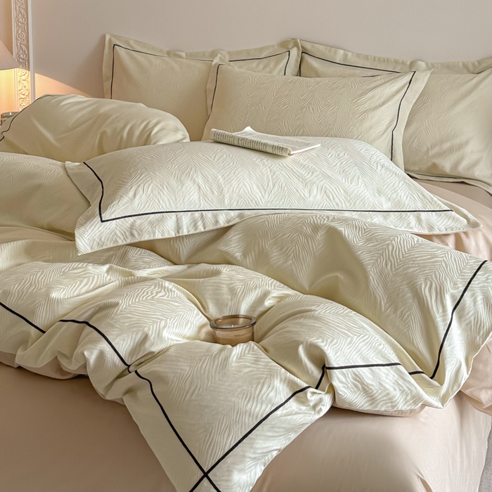 91家纺网 家纺一手货源 找家纺 首尔家纺 2026新款浮雕提花色织全棉四件套 斑马纹-米白拼咖