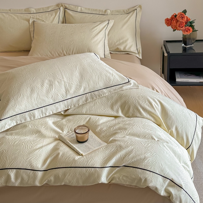 91家纺网 家纺一手货源 找家纺 首尔家纺 2026新款浮雕提花色织全棉四件套 斑马纹-米白拼咖