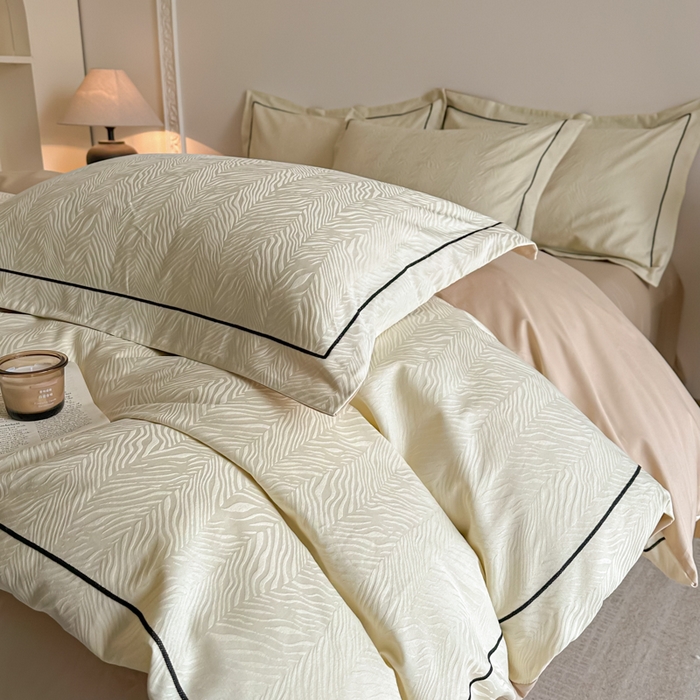 91家纺网 家纺一手货源 找家纺 首尔家纺 2026新款浮雕提花色织全棉四件套 斑马纹-米白拼咖