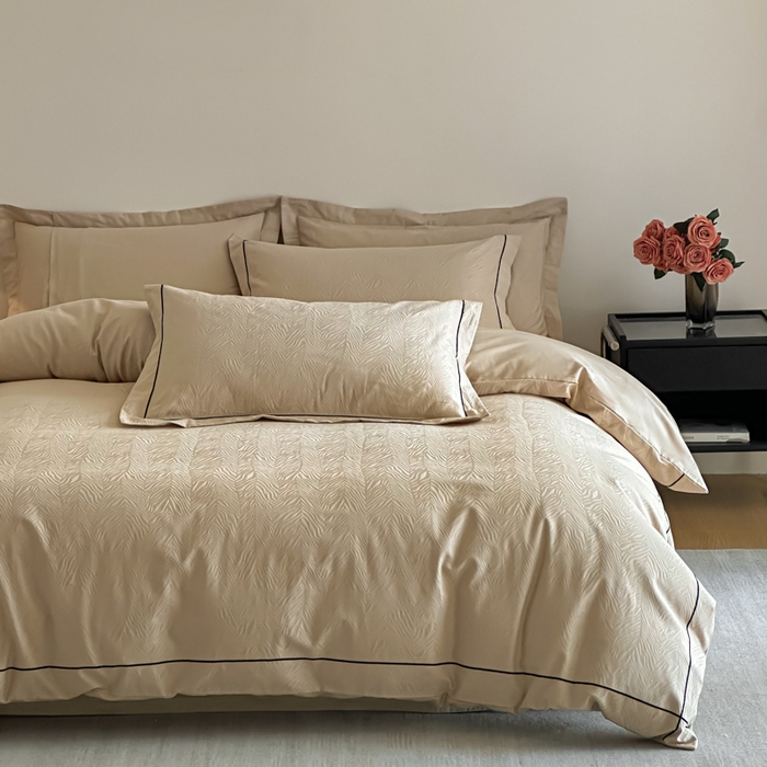 91家纺网 家纺一手货源 找家纺 首尔家纺 2026新款浮雕提花色织全棉四件套 斑马纹-米咖