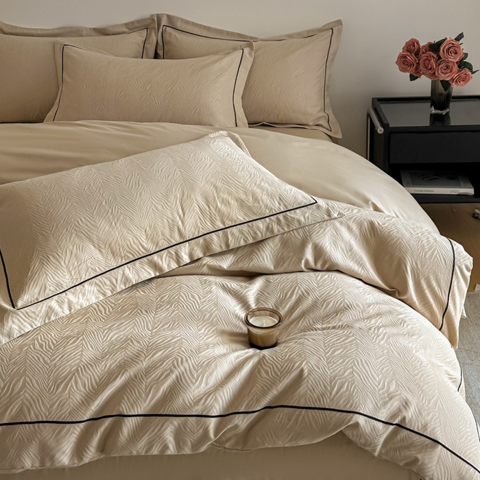 91家纺网 家纺一手货源 找家纺 首尔家纺 2026新款浮雕提花色织全棉四件套 斑马纹-米咖