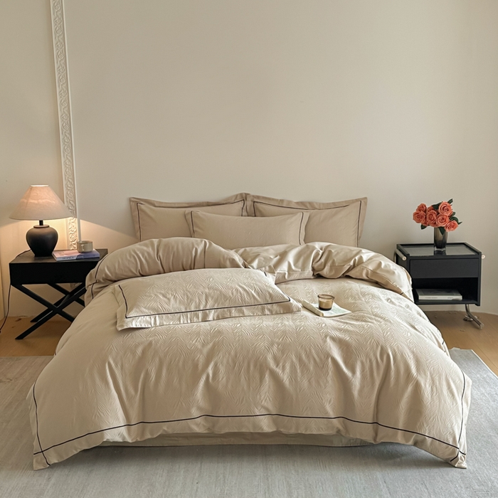 91家纺网 家纺一手货源 找家纺 首尔家纺 2026新款浮雕提花色织全棉四件套 斑马纹-米咖