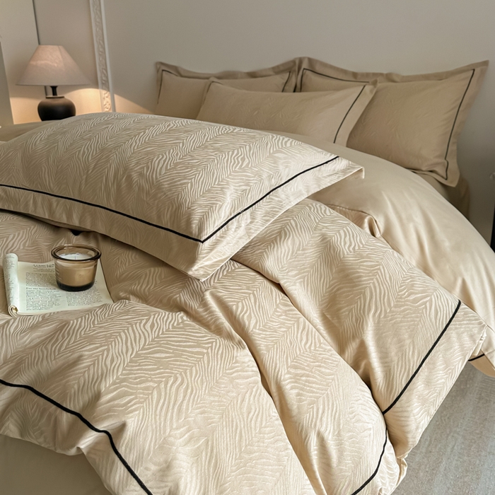 91家纺网 家纺一手货源 找家纺 首尔家纺 2026新款浮雕提花色织全棉四件套 斑马纹-米咖