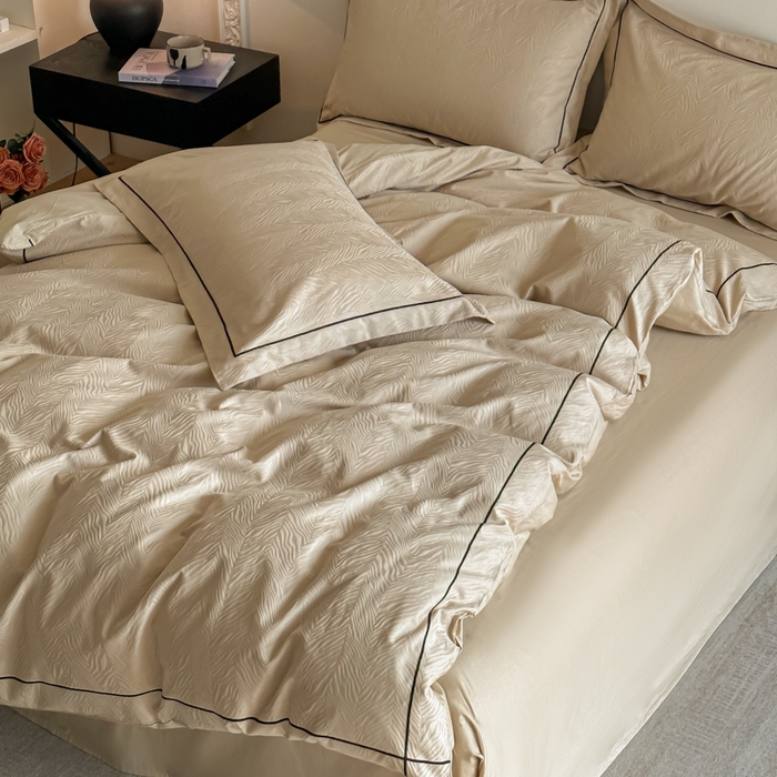 91家纺网 家纺一手货源 找家纺 首尔家纺 2026新款浮雕提花色织全棉四件套 斑马纹-米咖