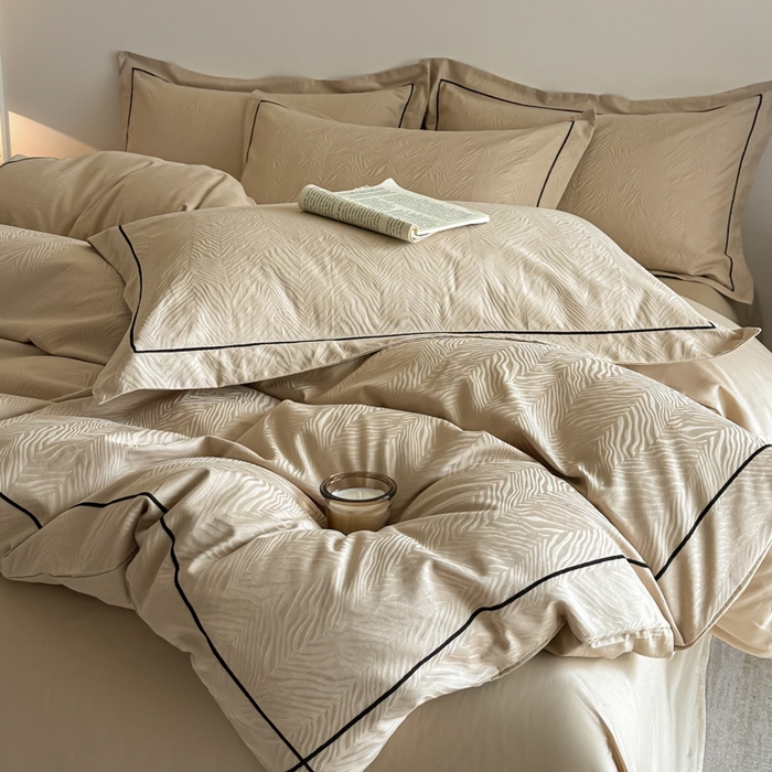 91家纺网 家纺一手货源 找家纺 首尔家纺 2026新款浮雕提花色织全棉四件套 斑马纹-米咖