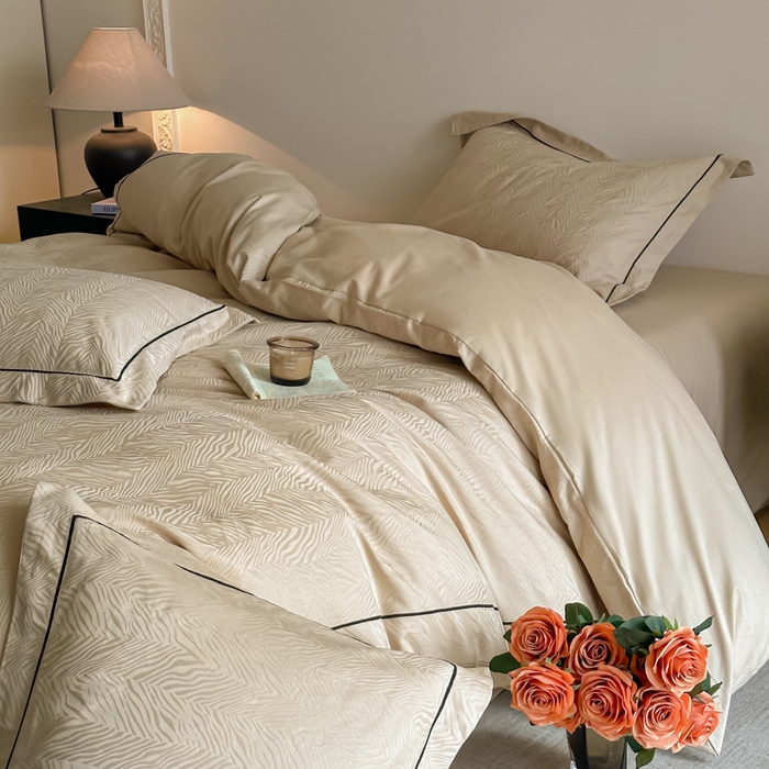 91家纺网 家纺一手货源 找家纺 首尔家纺 2026新款浮雕提花色织全棉四件套 斑马纹-米咖