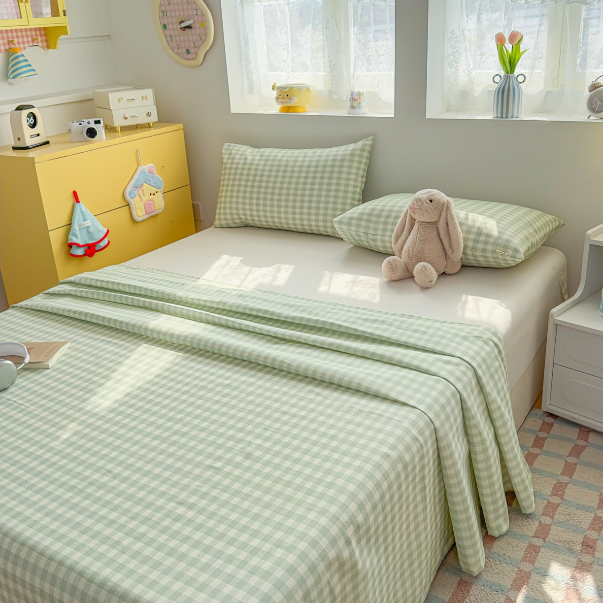 91家纺网 家纺一手货源 找家纺 （总）爱彼家纺 2026新款无印格子分老粗布床单软凉席床单枕套三件套新升级细沙-格子系列一