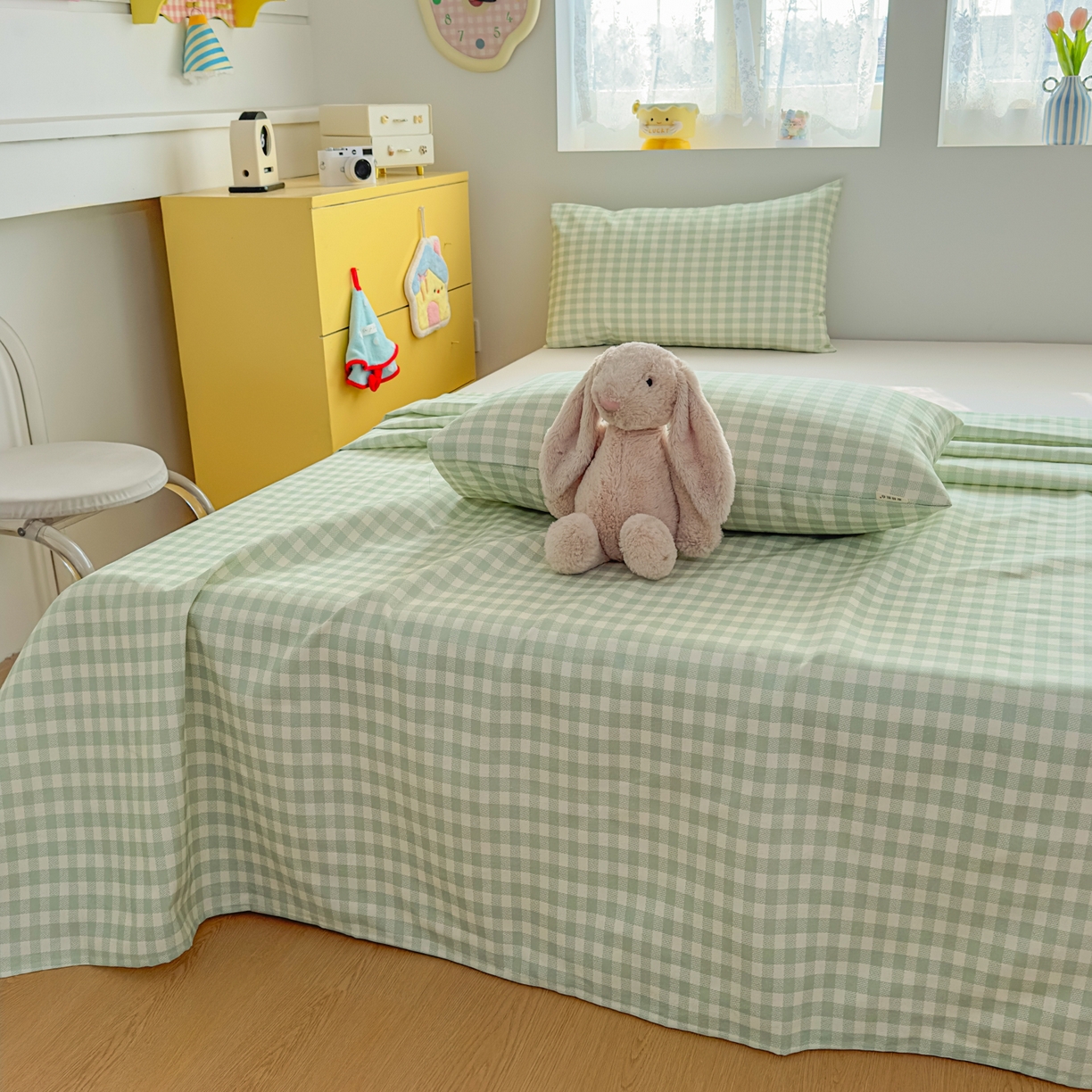 91家纺网 家纺一手货源 找家纺 （总）爱彼家纺 2026新款无印格子分老粗布床单软凉席床单枕套三件套新升级细沙-格子系列一