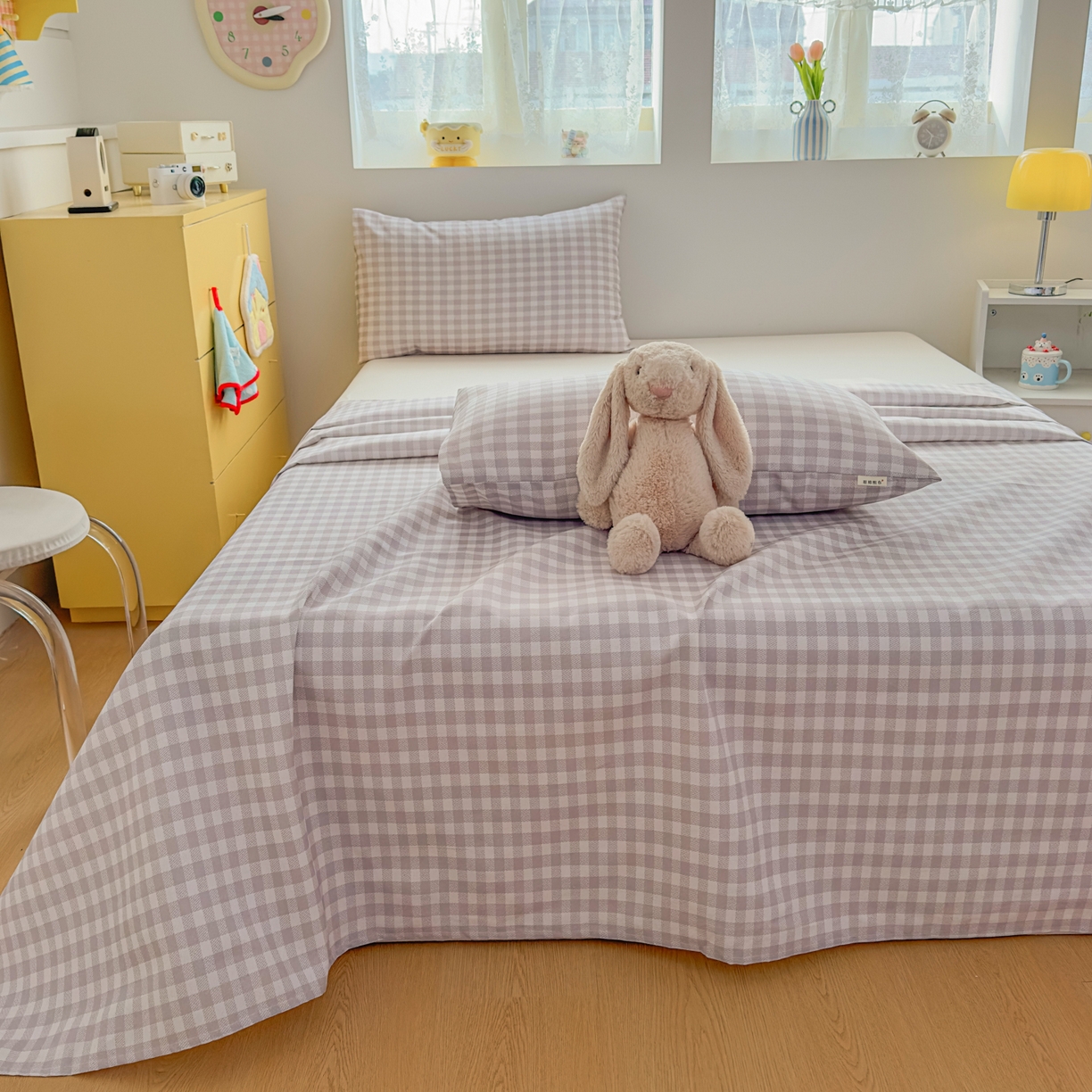 91家纺网 家纺一手货源 找家纺 爱彼家纺 2026新款无印格子分老粗布床单软凉席床单枕套三件套新升级细沙-格子系列一 格子灰