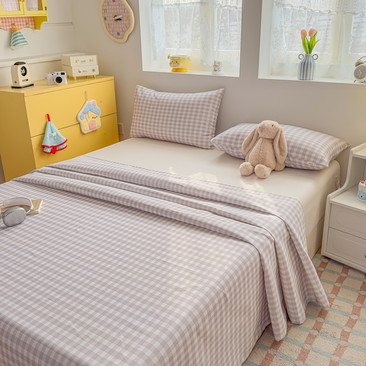 91家纺网 家纺一手货源 找家纺 爱彼家纺 2026新款无印格子分老粗布床单软凉席床单枕套三件套新升级细沙-格子系列一 格子灰