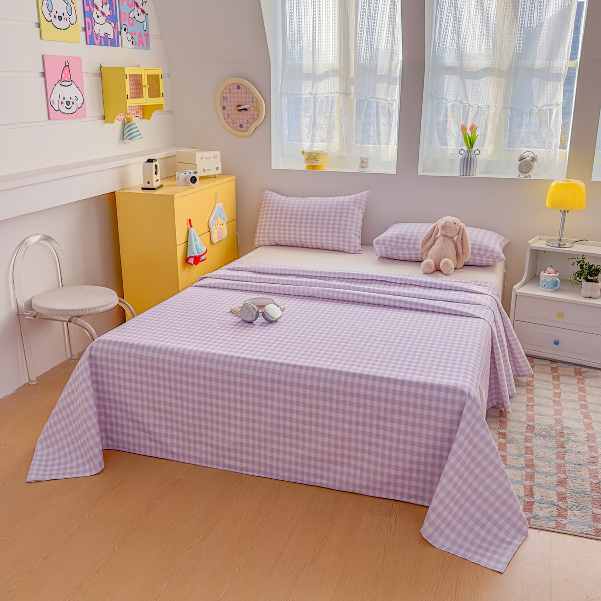 91家纺网 家纺一手货源 找家纺 爱彼家纺 2026新款无印格子分老粗布床单软凉席床单枕套三件套新升级细沙-格子系列一 格子紫