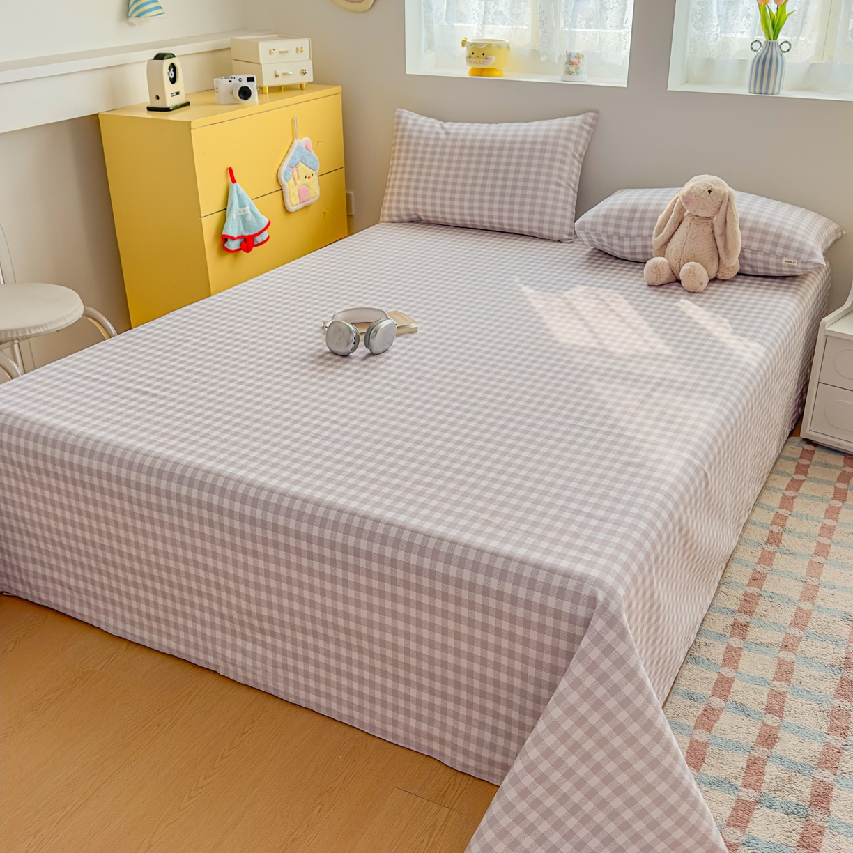 91家纺网 家纺一手货源 找家纺 爱彼家纺 2026新款无印格子分老粗布床单软凉席床单枕套三件套新升级细沙-格子系列一 格子灰