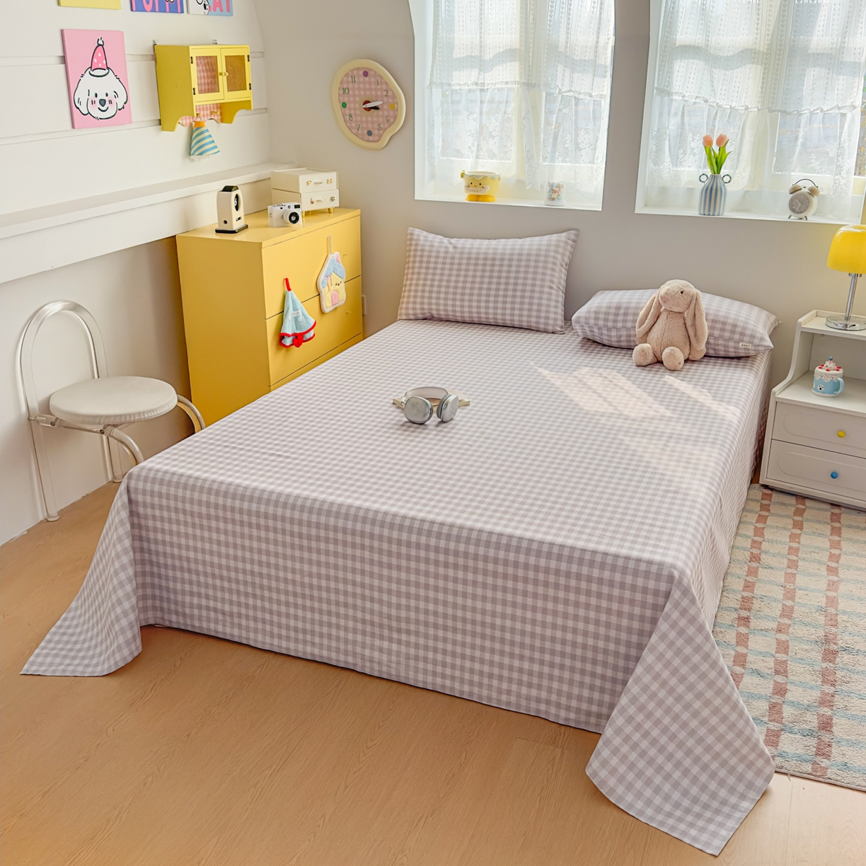 91家纺网 家纺一手货源 找家纺 爱彼家纺 2026新款无印格子分老粗布床单软凉席床单枕套三件套新升级细沙-格子系列一 格子灰