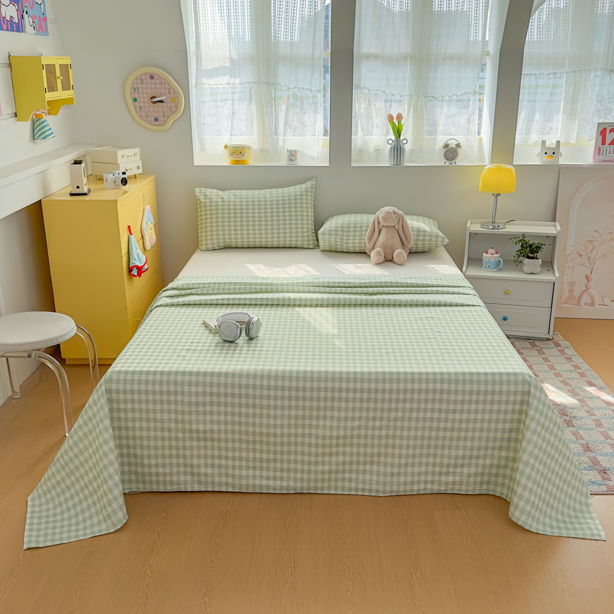 91家纺网 家纺一手货源 找家纺 爱彼家纺 2026新款无印格子分老粗布床单软凉席床单枕套三件套新升级细沙-格子系列一 格子绿