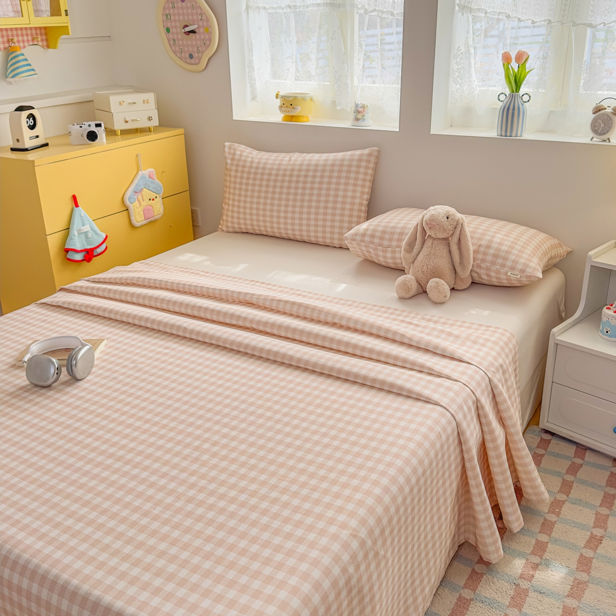 91家纺网 家纺一手货源 找家纺 爱彼家纺 2026新款无印格子分老粗布床单软凉席床单枕套三件套新升级细沙-格子系列一 格子咖